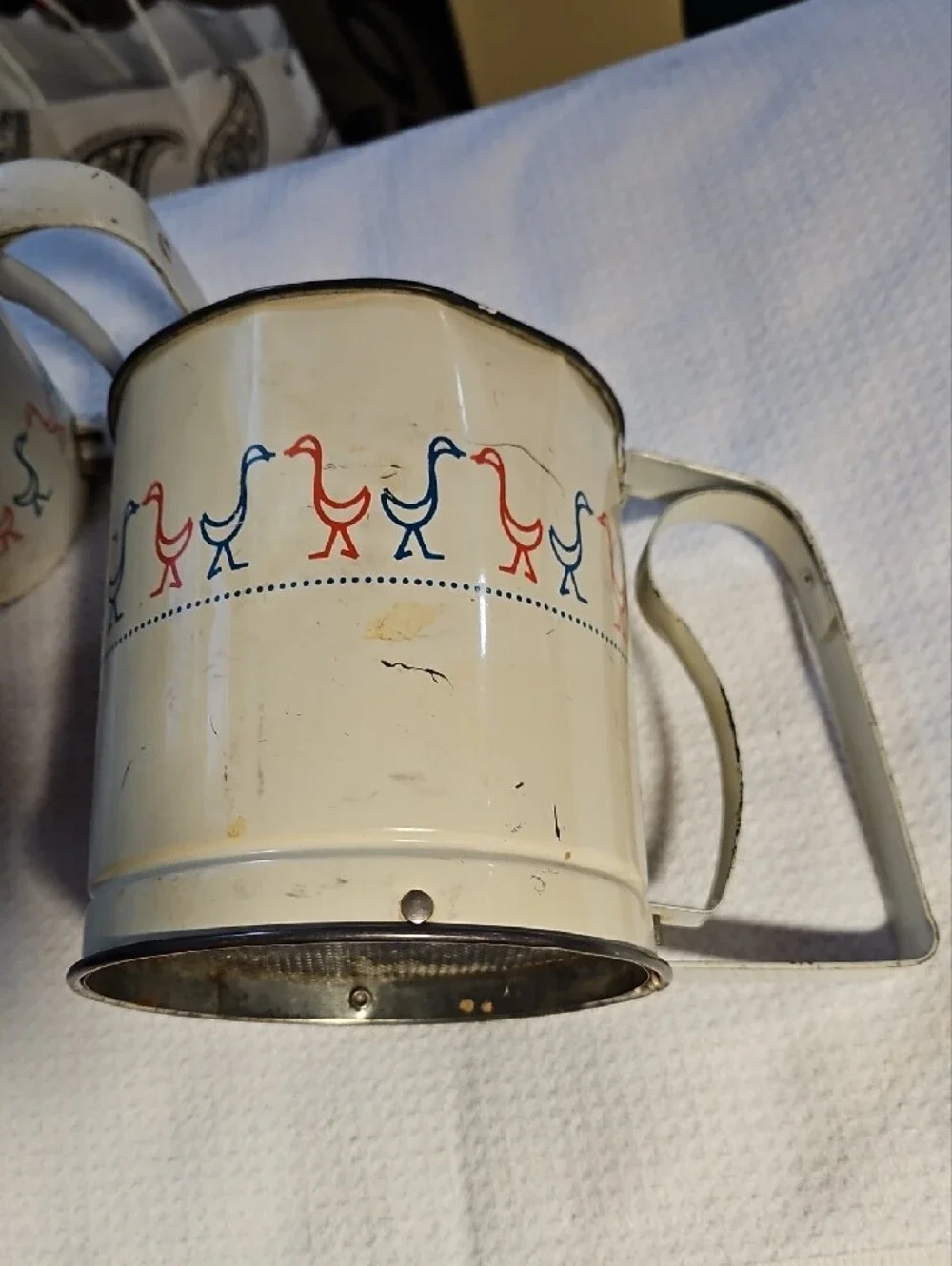 Vintage Androck Large & Small Flour Sifters with Blue & Red Bird Motif